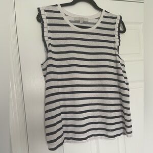Loft navy and white striped sleeveless ruffle tshirt